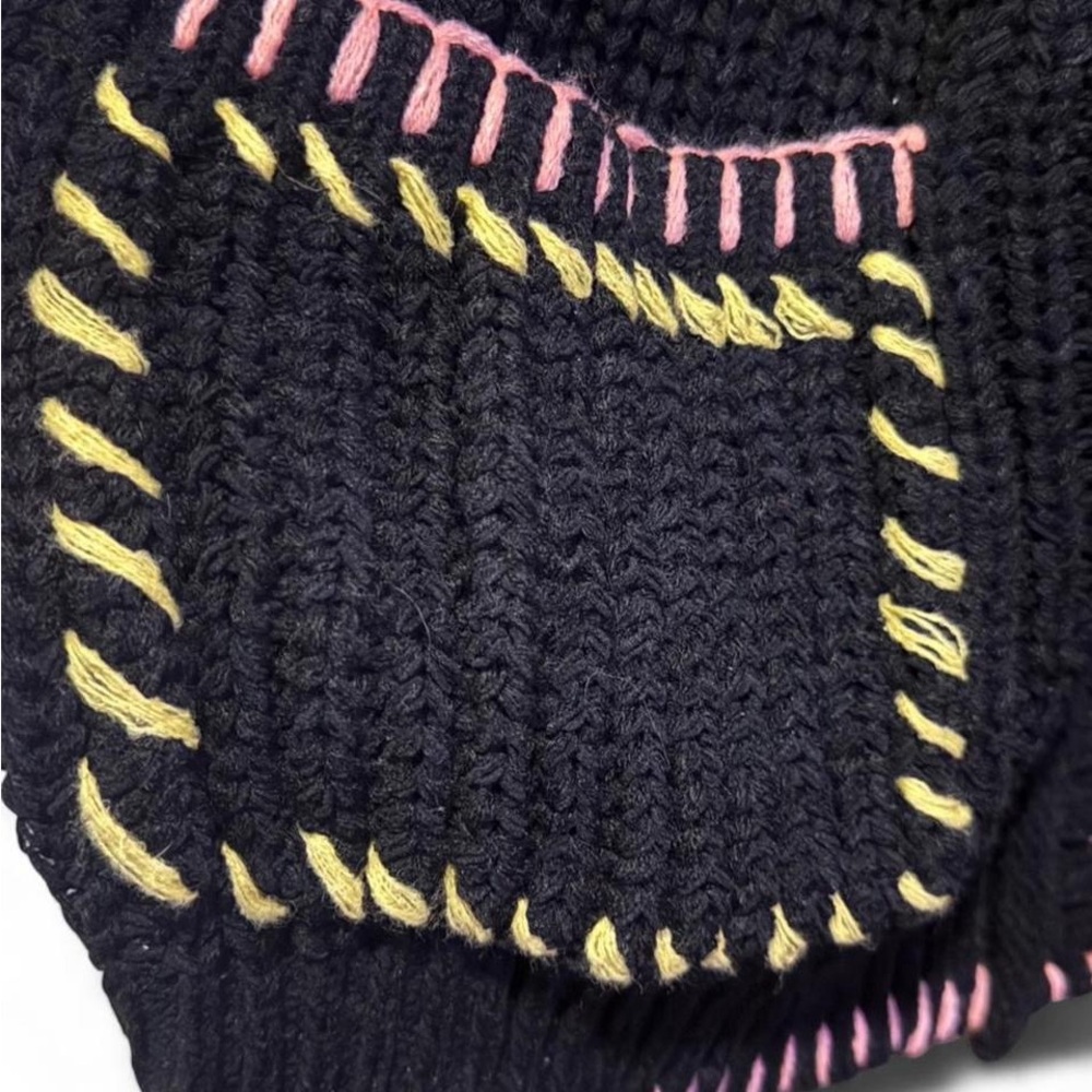POL Medium Black Chunky Knit Crochet Cardigan Pink & Yellow Whip Stitching NWOT - Picture 5 of 10